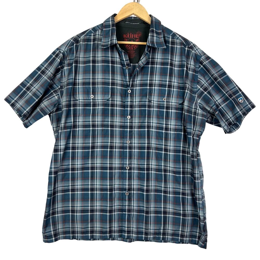 EUC Kuhl Eluxur Shirt Mens Blue Plaid Hiking Short Sleeve Button Up Pocket XXL
